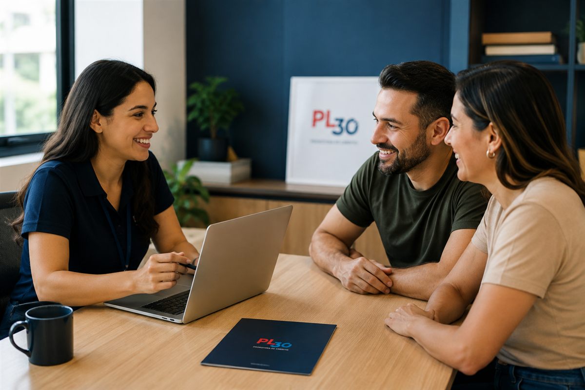 Consultora da PL30 atendendo um casal de clientes